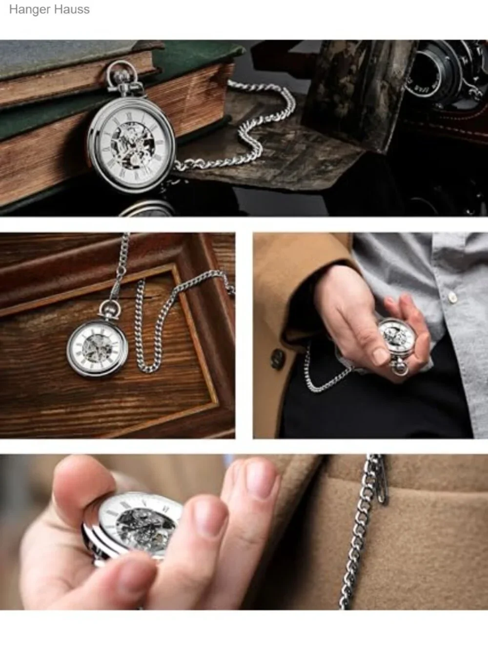 Men's Skeleton Pocket Watch Hand Wind Mechanical Movement Stainless Steel Chain